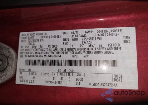 2021 Ford Escape Se z USA, uszkodzony, nr VIN 1FMCU9G67MUA63624